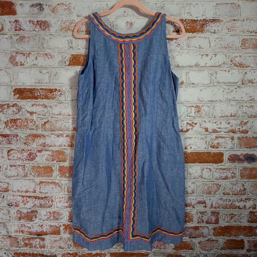 Talbots Shift Dress Womens 10P Blue‎ Linen Cotton Embroidered Sleeveless Boho